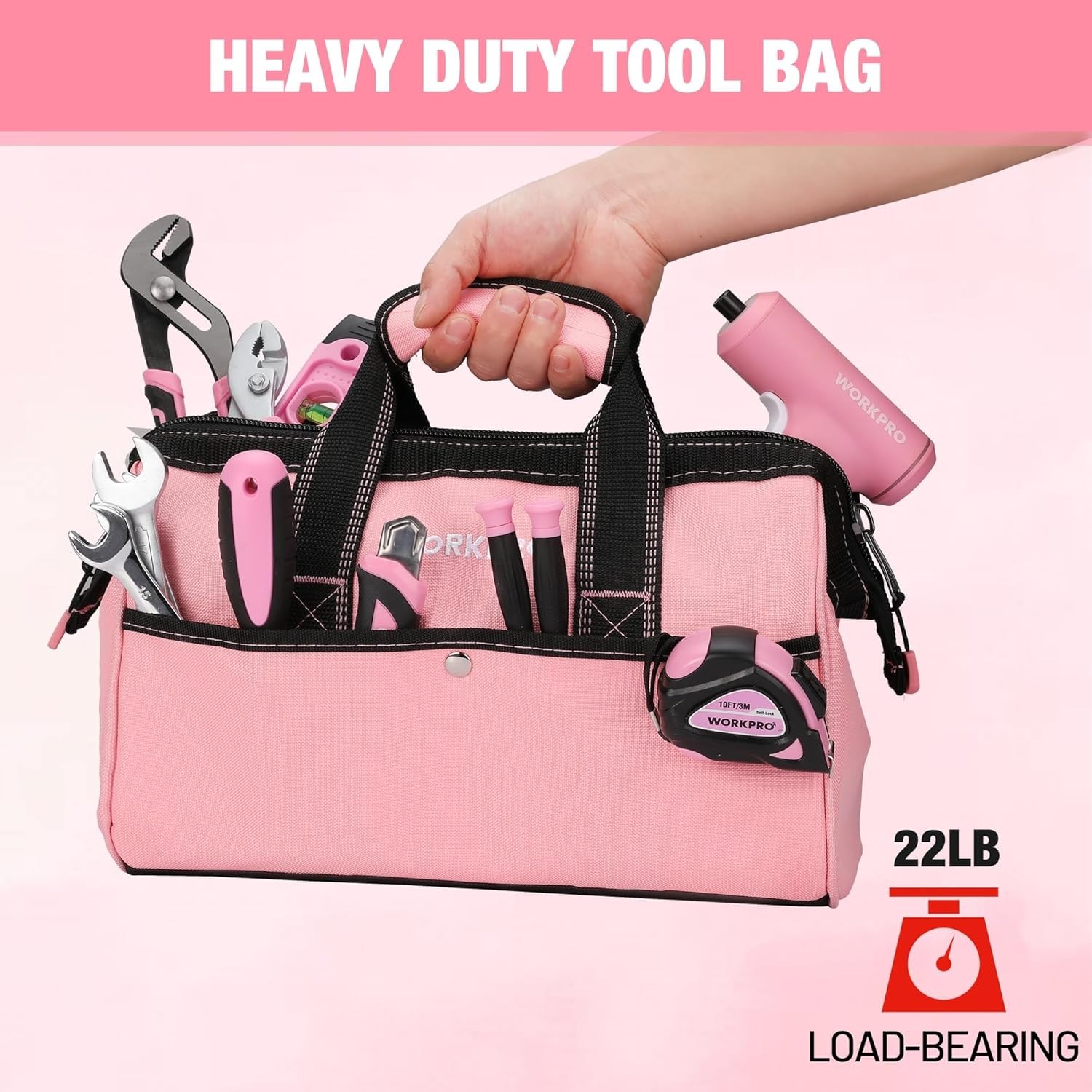 Chic 13-Inch Pink Tool Bag – Wide Mouth Tote with 9 Pockets for Easy Access