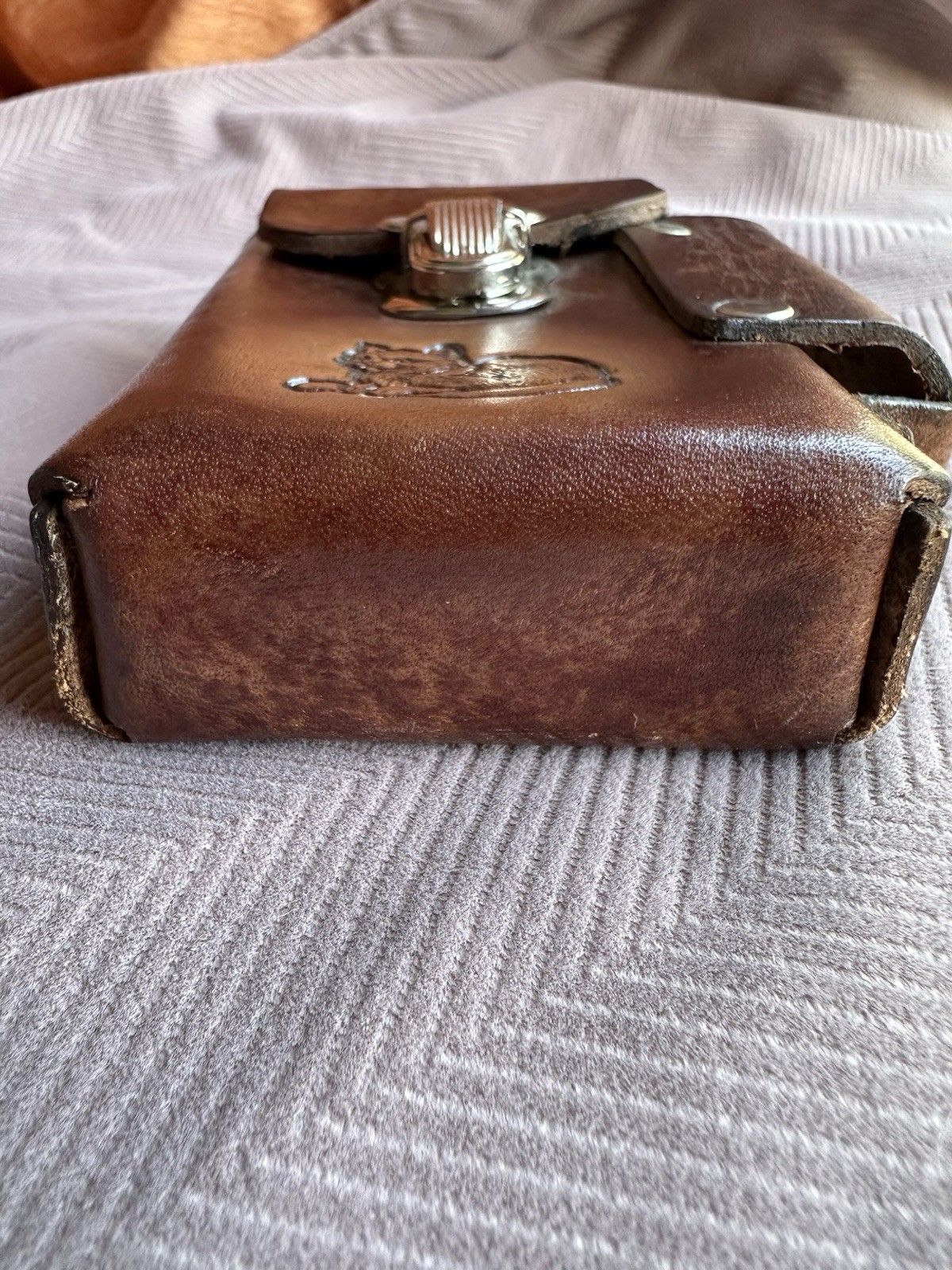 Brown Leather Pouch w/ Belt Loop, Snap Flap Closure, Embossed Cat
