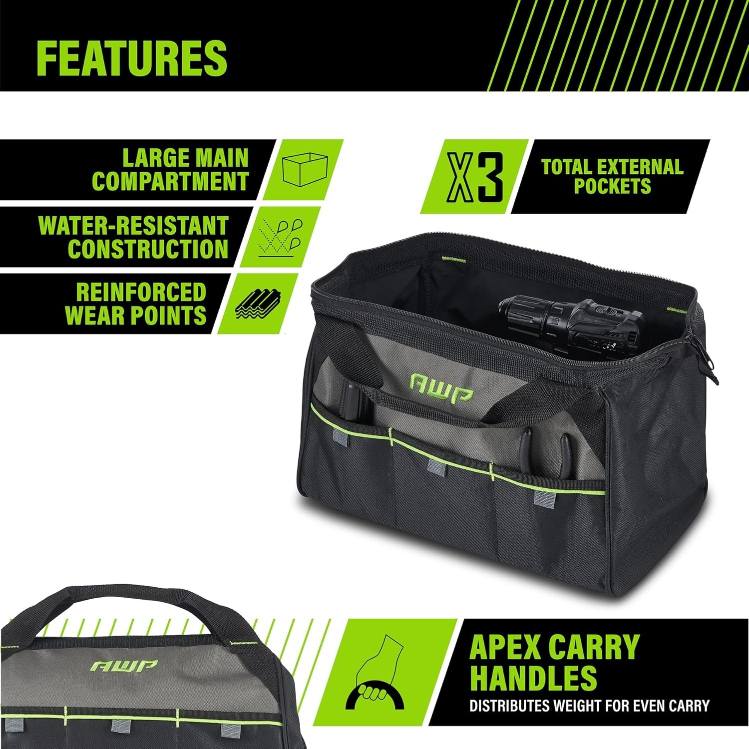 Tool Bag Premium Durable Tool Tote Bag 15 inch for Professional Contractor Black