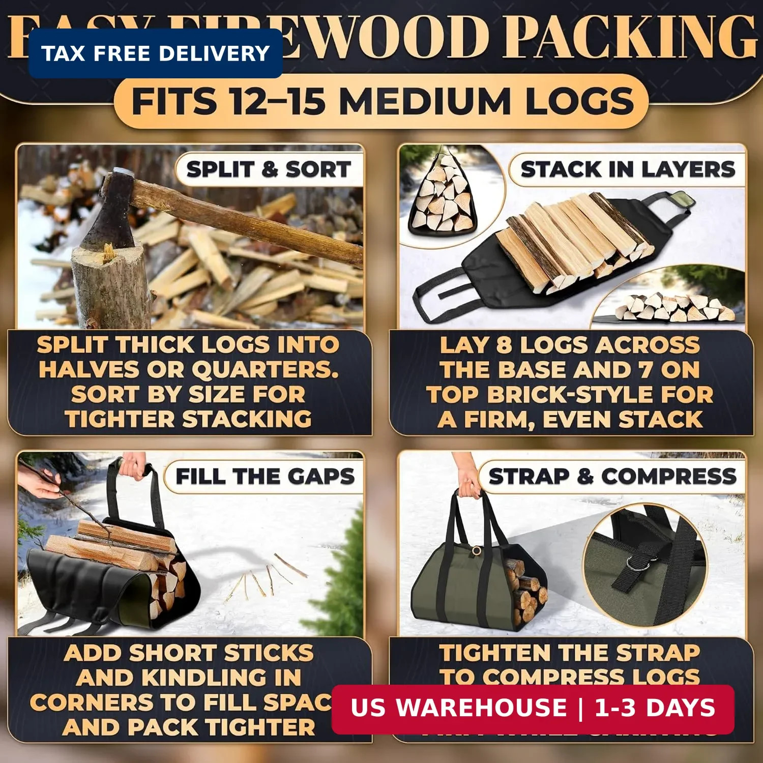 Water-Resistant Firewood Carrier Bag – 39.4″x18.5″ Waxed Canvas Log Carrier for