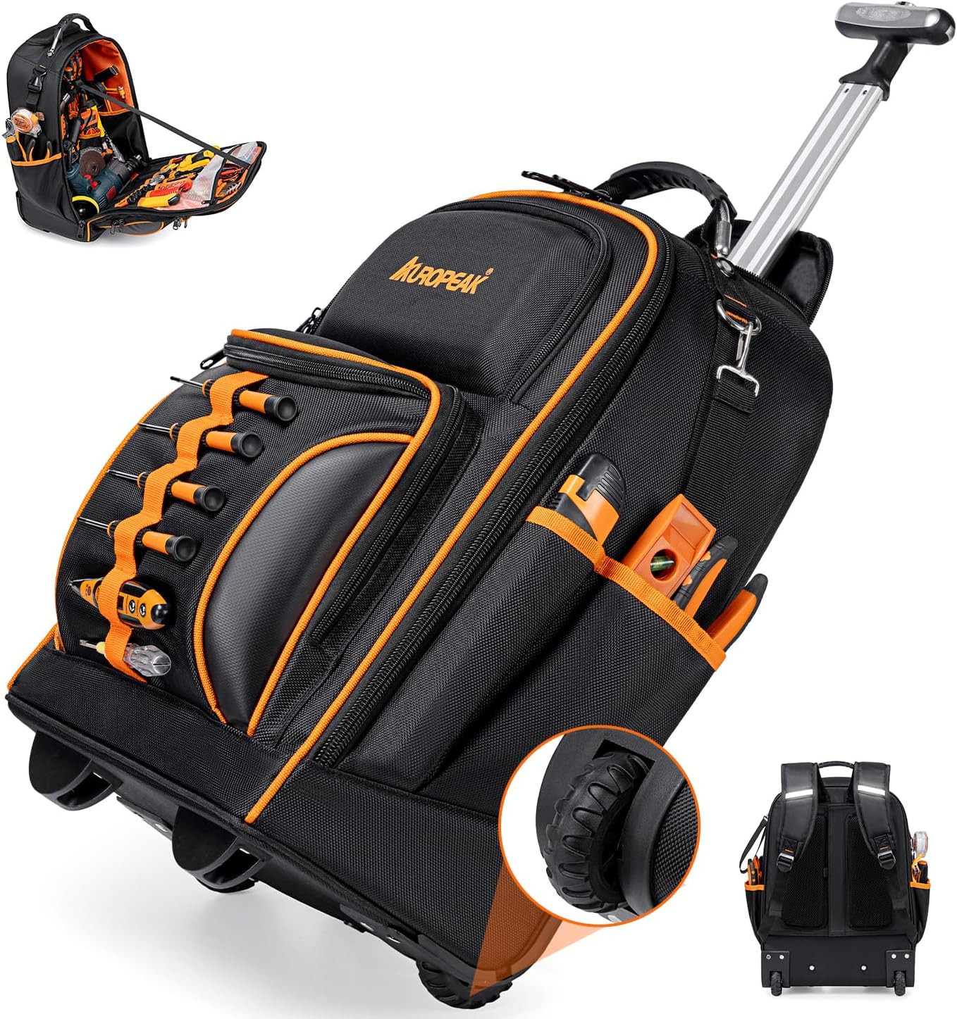AUROPEAK 2-In-1 Rolling Tool Backpack Heavy Duty, Rolling Tool Bag with Wheels,
