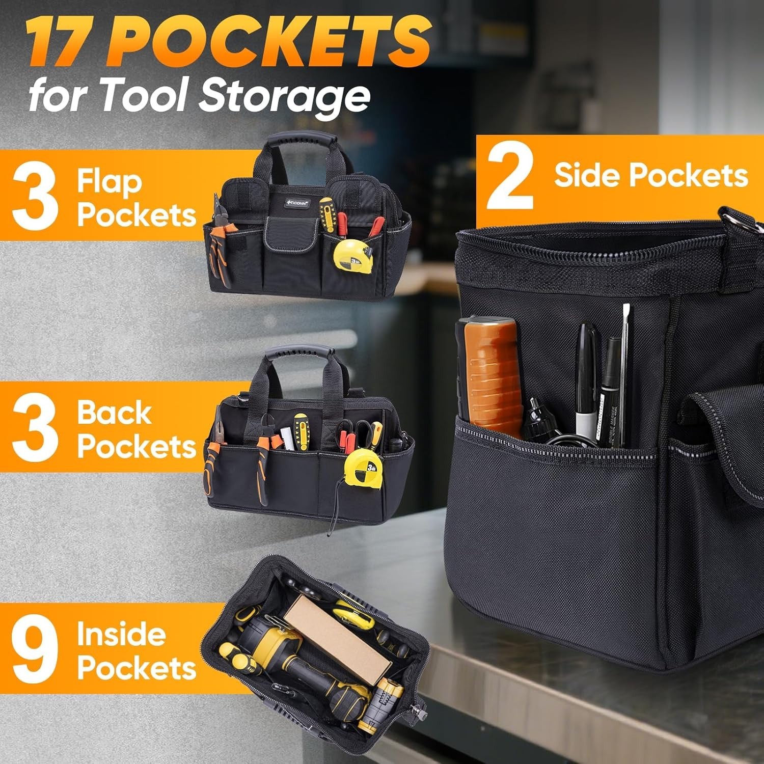 Rugged 12″ Tool Bag with Wide Opening and 8 Pockets – Ideal for Professionals