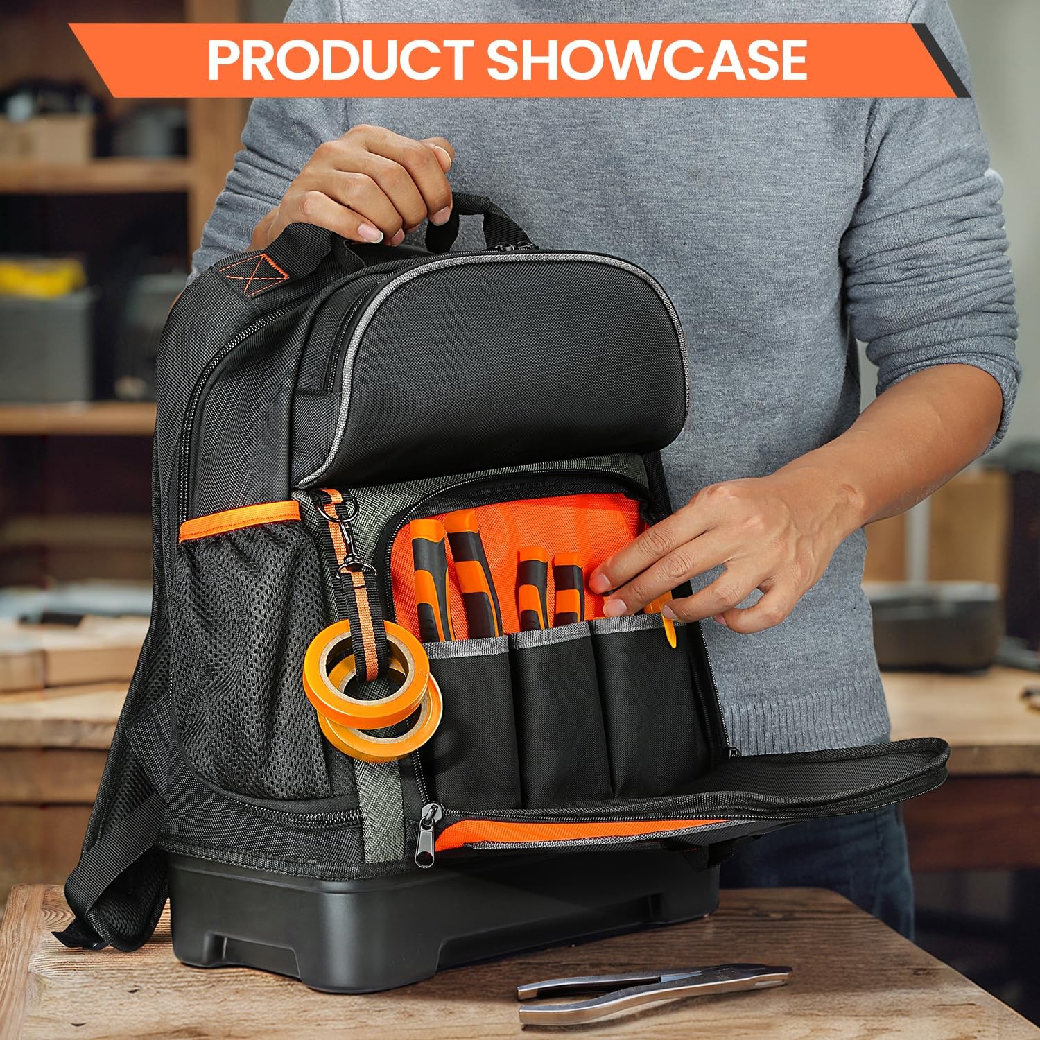 Tool bag Heavy Duty Storage Bag, Multiple Compartments, Black and Orange