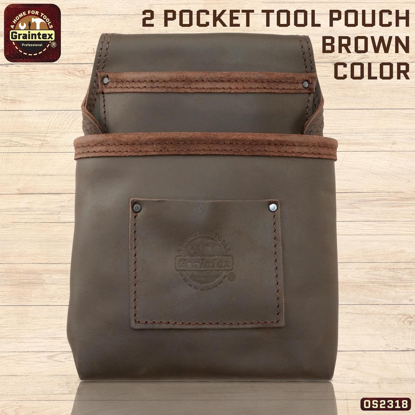 Graintex OS2318 2 Pocket Nail & Tool Pouch Top Grain Oil Tanned Leather Brown