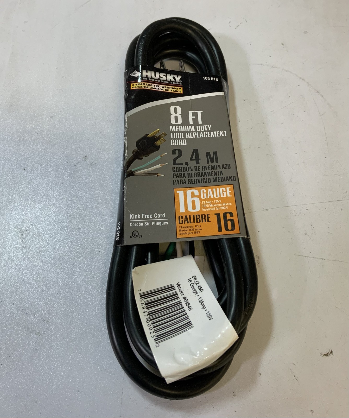 Husky 165 018 8ft Medium Duty Tool Replacement Power Supply Cord, Black “I5D”