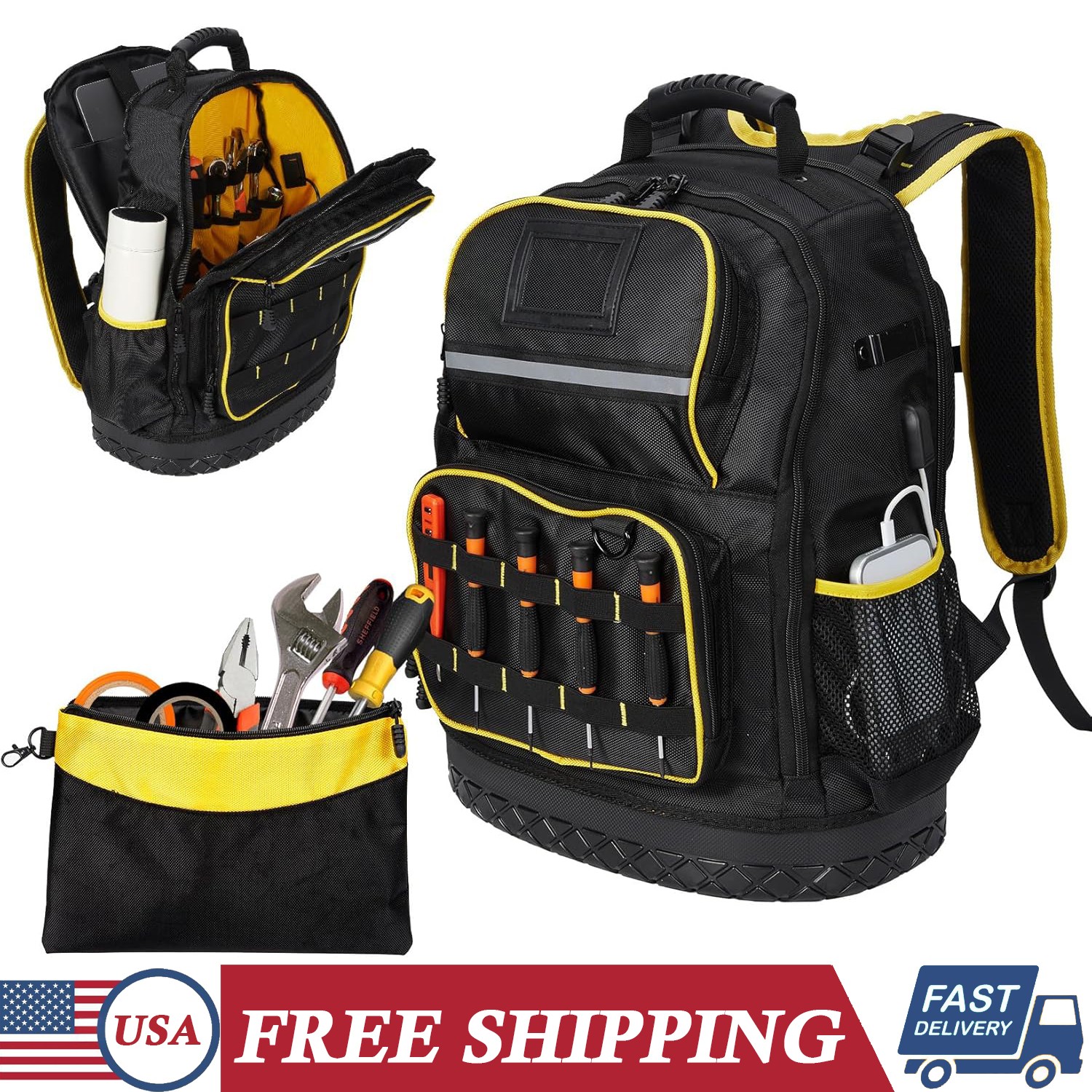 18” Tool Backpack Oxford Fabric Hard Bottom Worker Backpack w/ Multiple Pockets