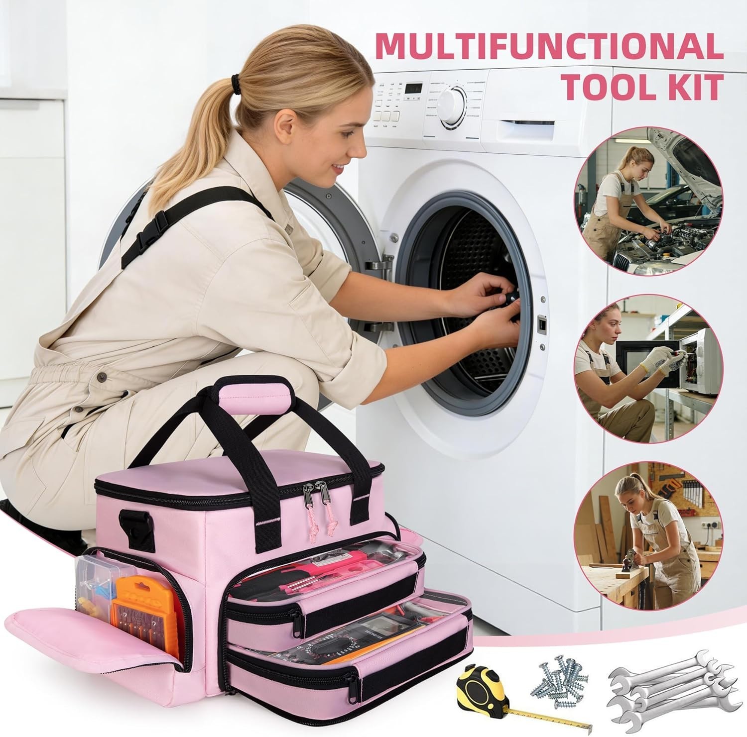 Pink Tool Bag for Women 12 Inch Organizer with Double Layer and Clear Pouches