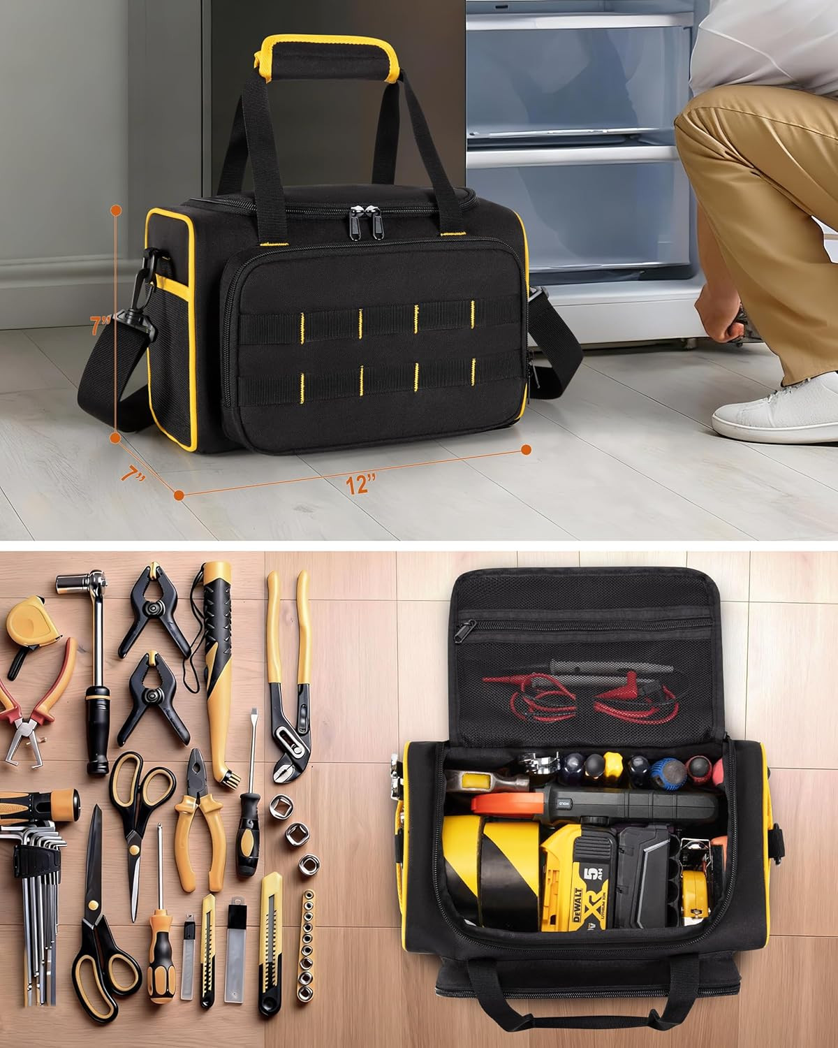 12-Inch Tool Bag with Multiple Pockets, Heavy Duty Tool Tote for Men, Black