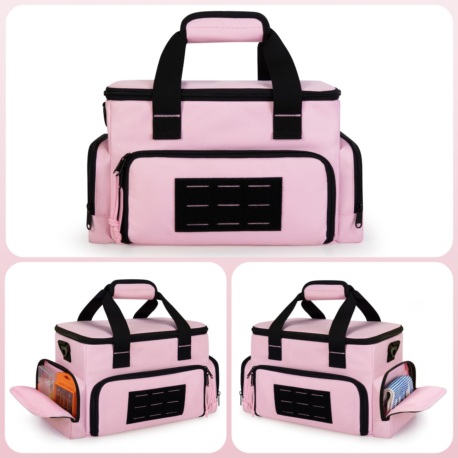 12″ Pink Tool Bag Women 2 Clear Pouches Double Layer Storage Organizer Box