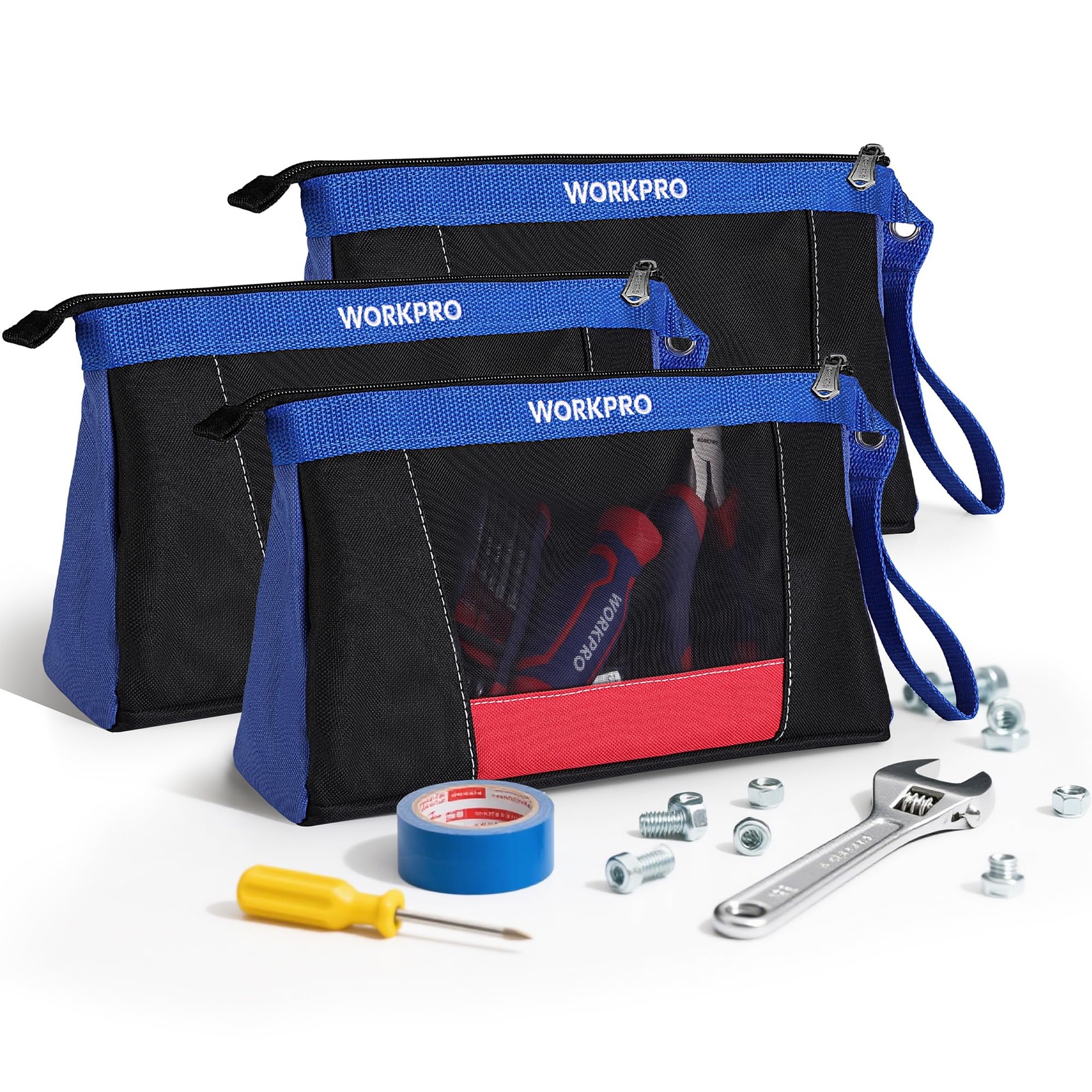 HeavyDuty Zipper Tool Pouch 12” Mesh Storage 3 Pack for Tool Organizers