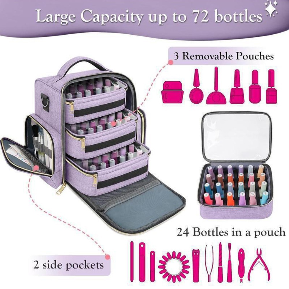 Nail Polish Carrier Bag with Dual Top Handles and Adjustable Shoulder Strap
