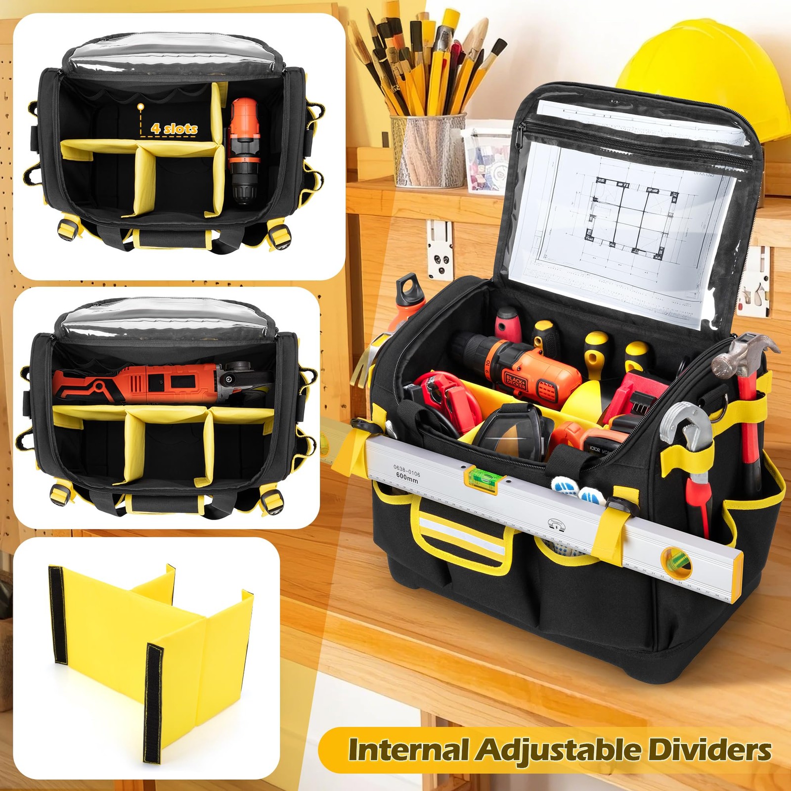 15-Inch Tool Organizer Bag with Hard 15.3″x9″x12.6 inches, Black