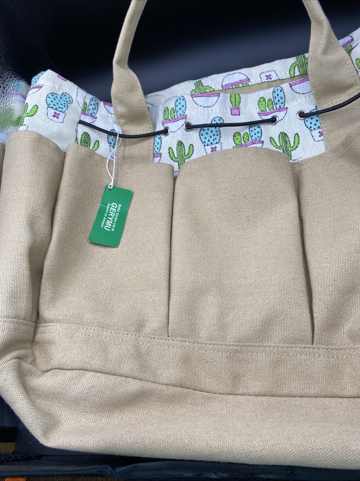 GERYMU Canvas Garden Tool Bag Organizer Tote 6 Pocket Cactus Print NWT