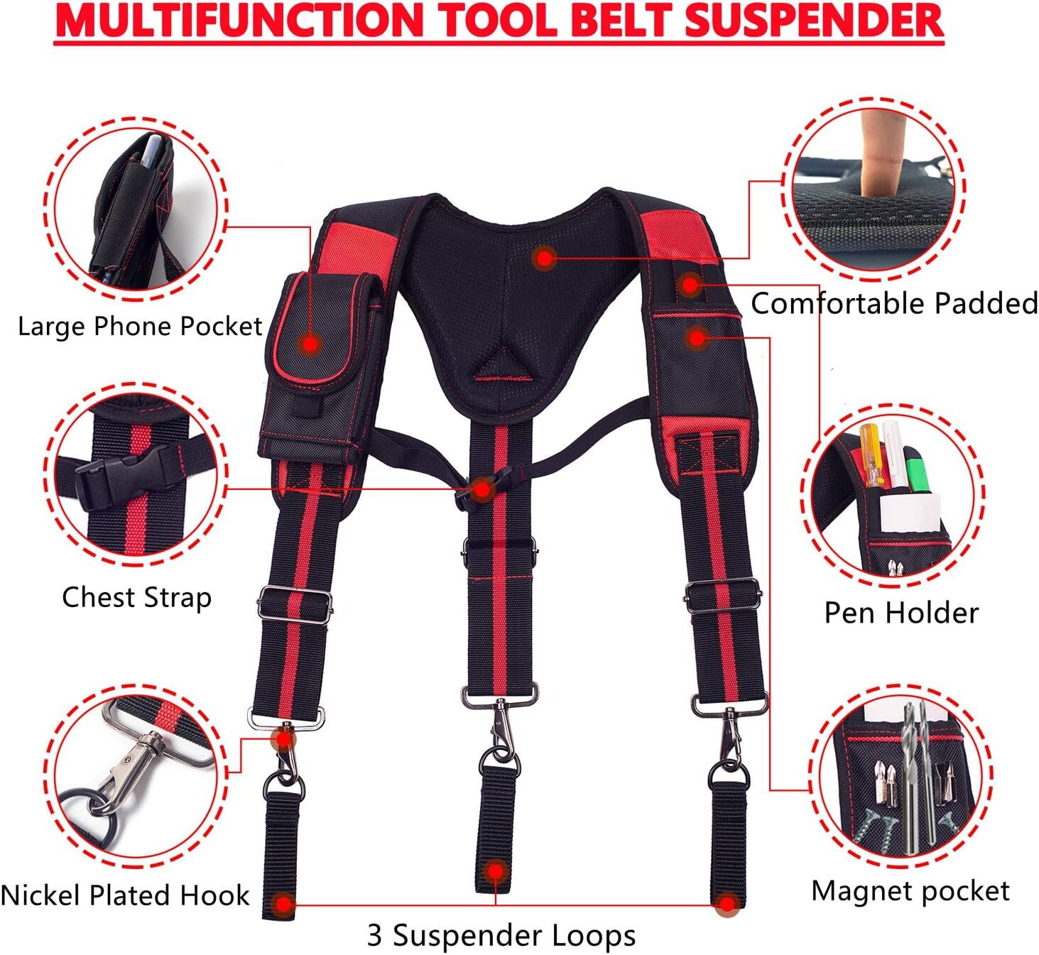 Black Red Magnetic Tool Belt Suspenders With Pockets And Heavy Duty Support