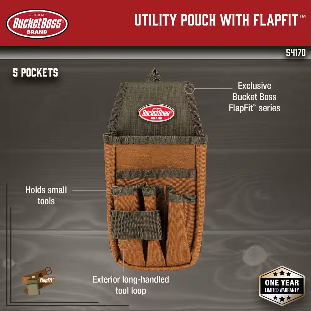 Bucket Boss Utility Pouch with Flap Fit, Polyester, 5 Pockets 54170 Bucket Boss