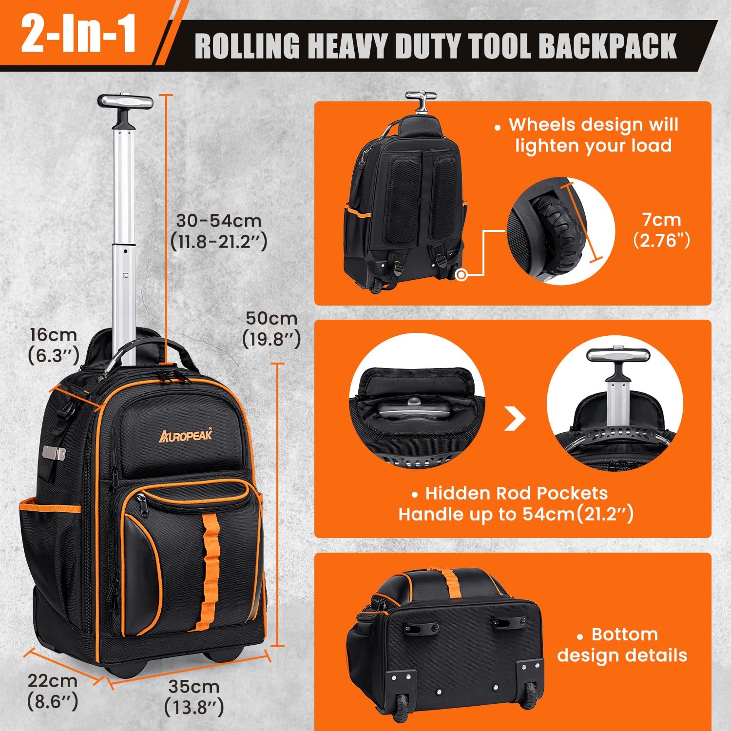 2-In-1 Rolling Tool Backpack Heavy Duty, Rolling Tool Bag with Wheels, 63-Poc…