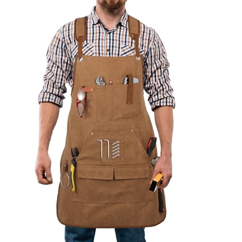 Men’s Canvas Tool Apron, Heavy Duty Multi-Pocket Work Apron for Khaki