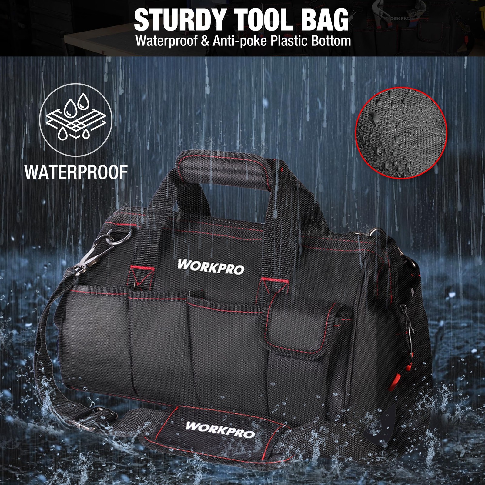 WORKPRO 16-inch Close Top Wide Mouth Tool Storage Bag with 16inch, Black