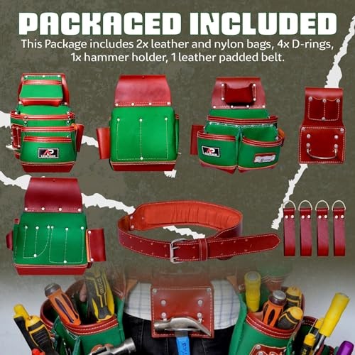 AP-LEATHER Heavy-Duty Tool Pouch for Men – 29-Pocket Leather Extra Large Green