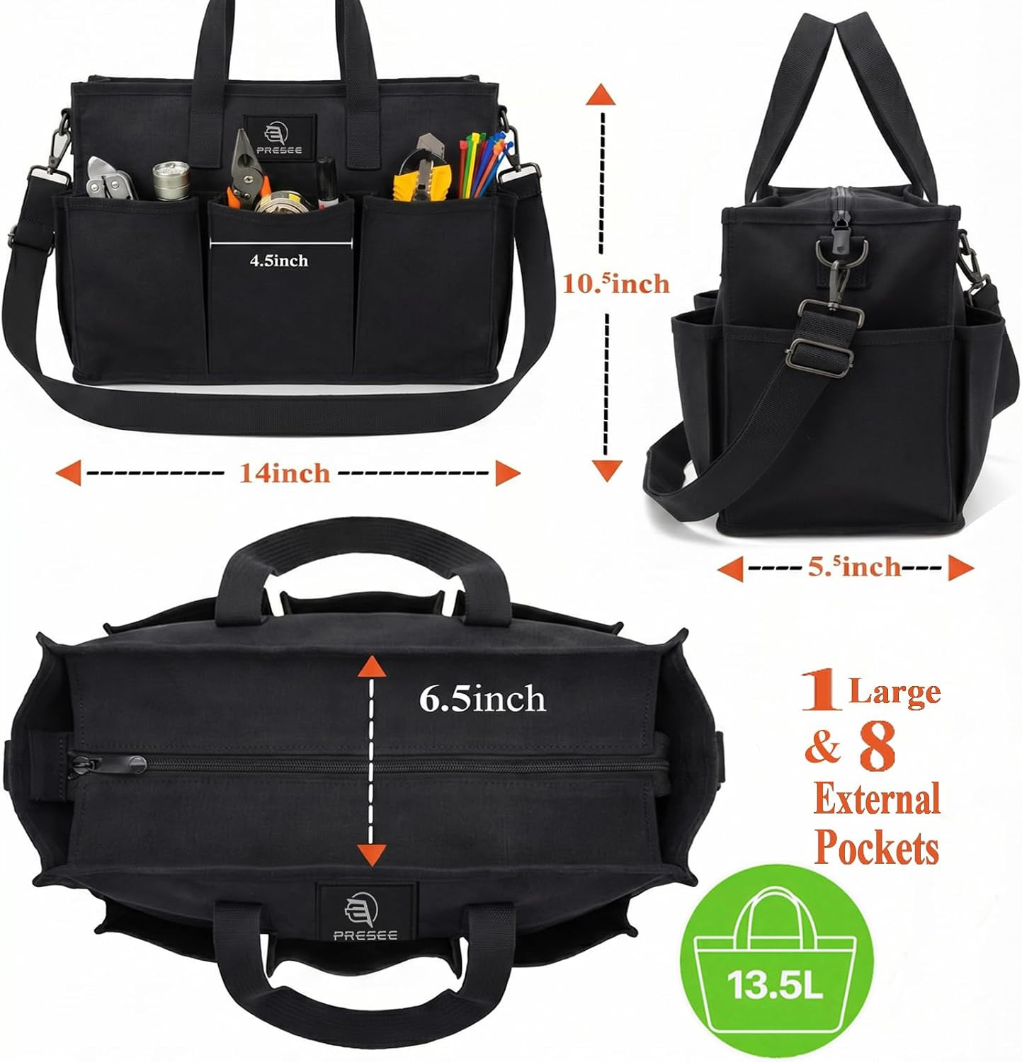 Heavy Duty Canvas Gardening Tote Bag with Pockets, Large Capacity Tool Organizer