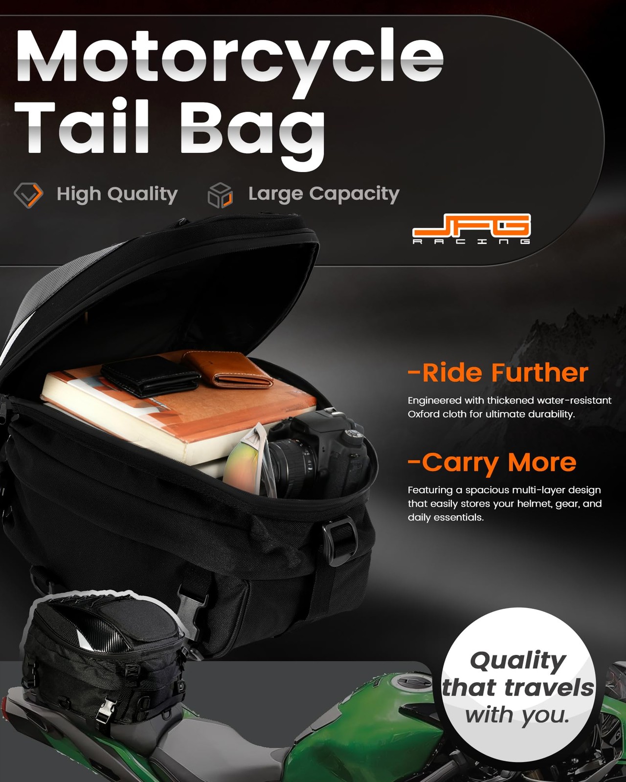 Motorcycle Seat/ Tail Bag – Dual Use Backpack Waterproof Motorbike Helmet Storag