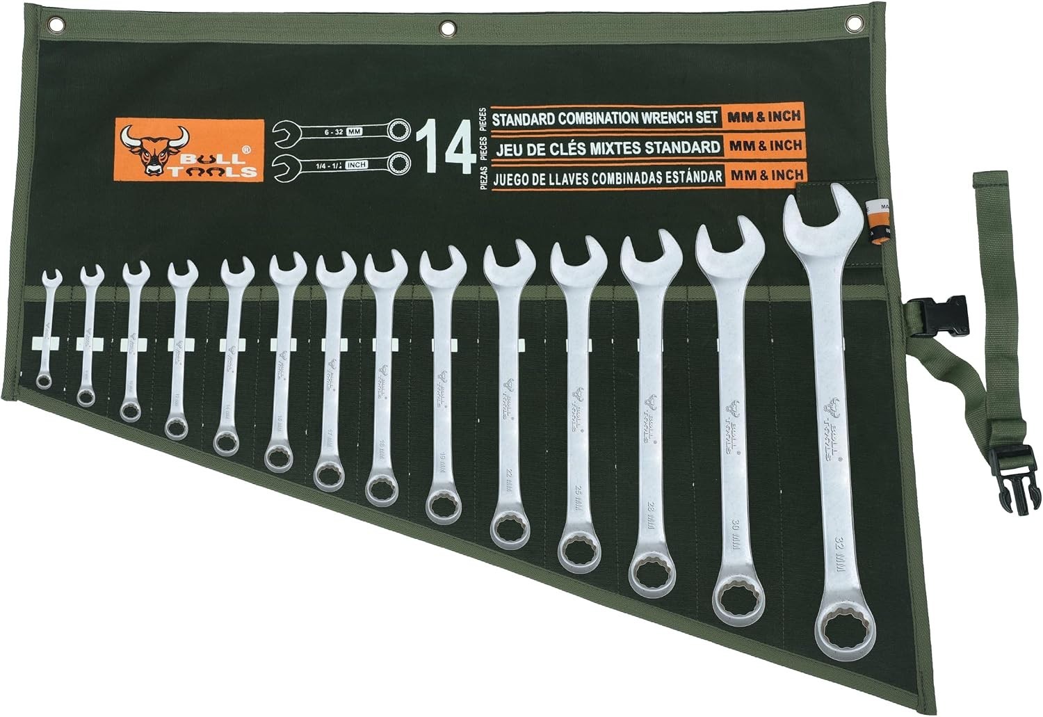 Bull Tools 14 Pocket Heavy-Duty Wrench Roll Organizer – Olive Drab Canvas Pouch
