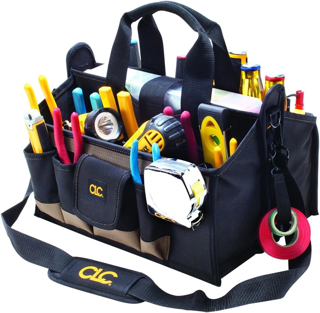 Stylish CLC 16 In. Tool Bag with Adjustable Strap and Parts Tray Included