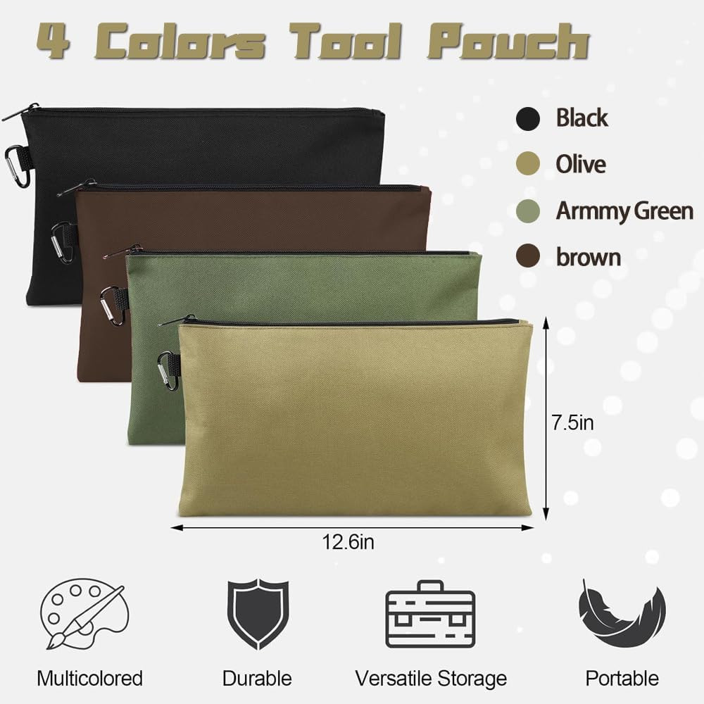 4Pcs Premium Tool Bag Set,12 inch Zippered Tool Pouch with Carabiner Clip,Versat