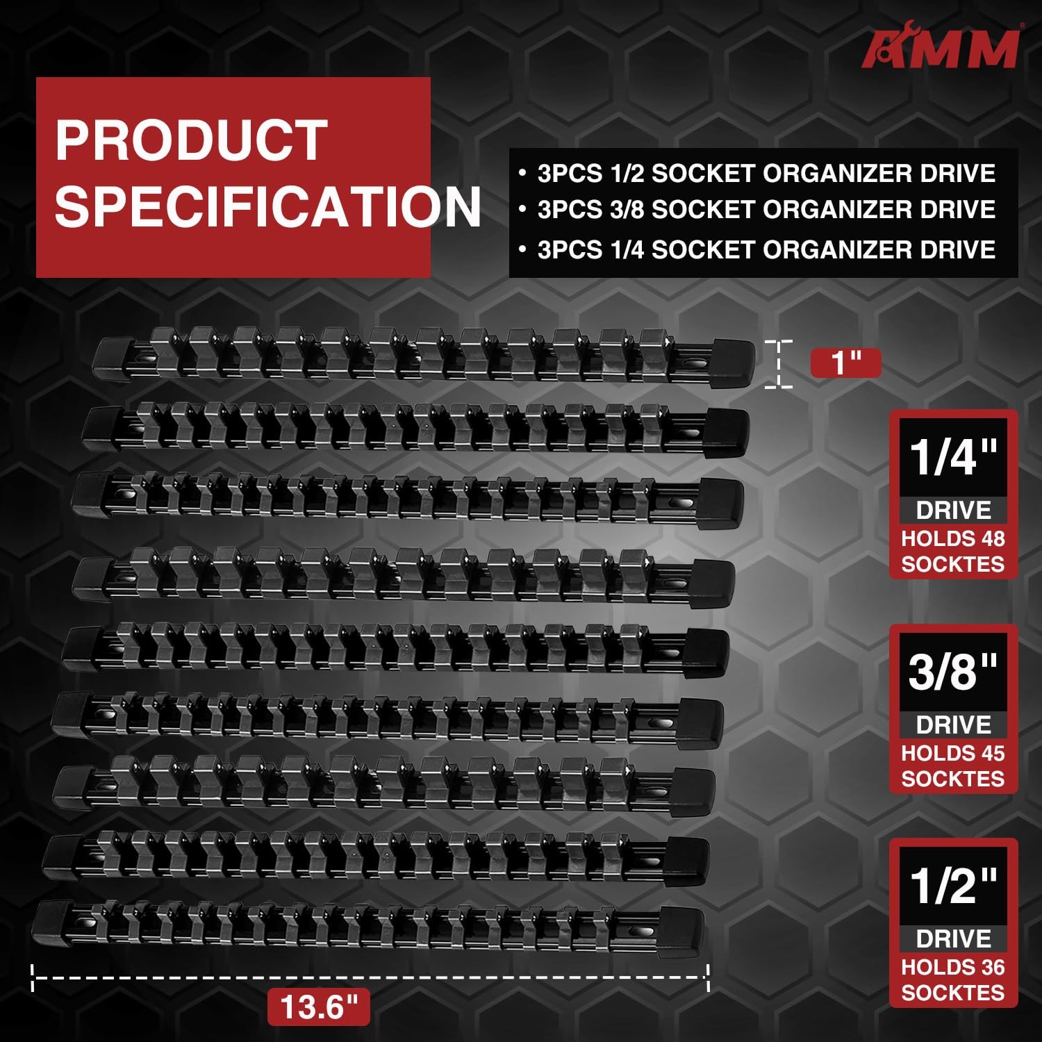 AMM 9-Piece Socket Organizer, 1/2 inch, 3/8 inch and 1/4 9PC, BLACK