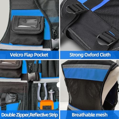 Electrician Tool Vest for Men, Hi Vis Tool Vest with 17 Compartments, Blue