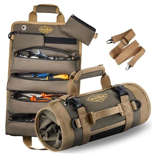 The Ryker Roll Up Tool Bag Organizer Gifts for Dad. Heavy Duty Motorcycle Khaki