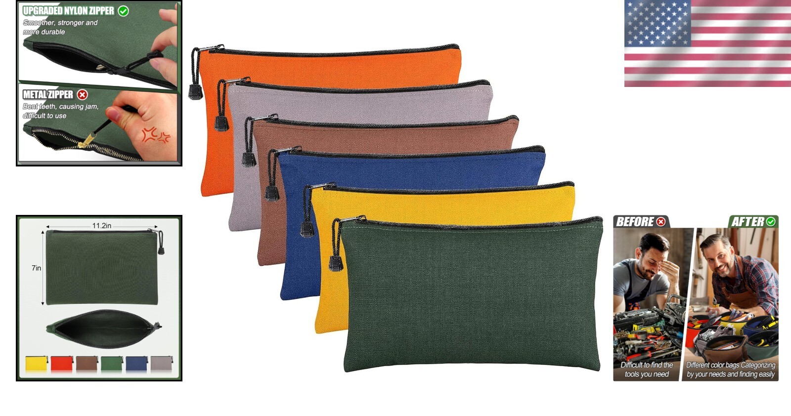 6 Pack Canvas Tool Bags – Heavy Duty Zipper Pouches, 11.2”x 7” Multicolor Set