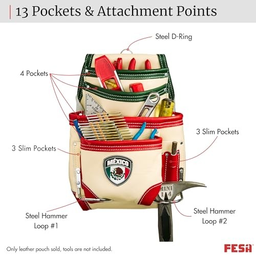 Leather Carpenter Tool Pouch – 10-Pocket Heavy Top Grain White – Mexico