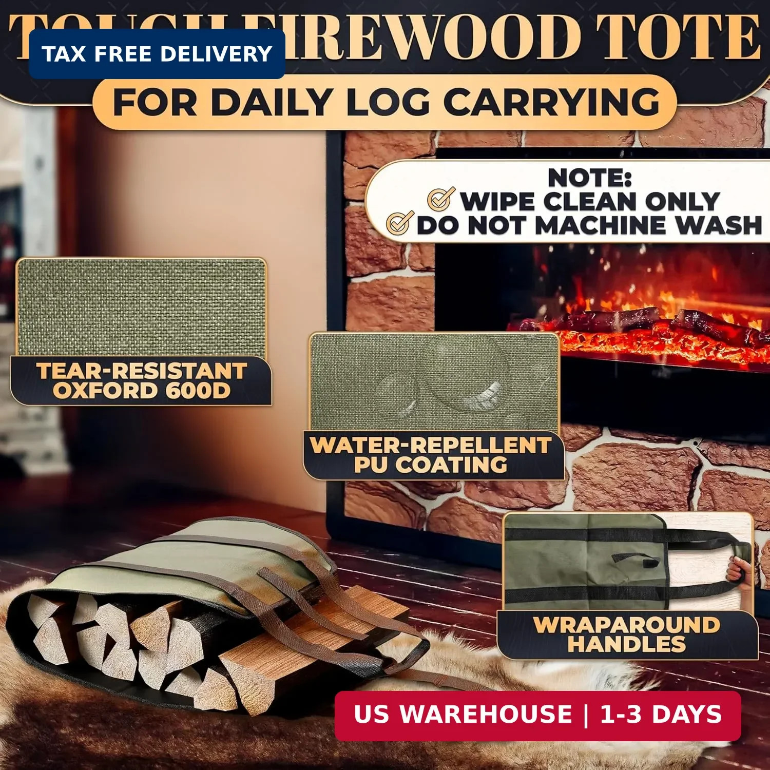 Water-Resistant Firewood Carrier Bag – 39.4″x18.5″ Waxed Canvas Log Carrier for