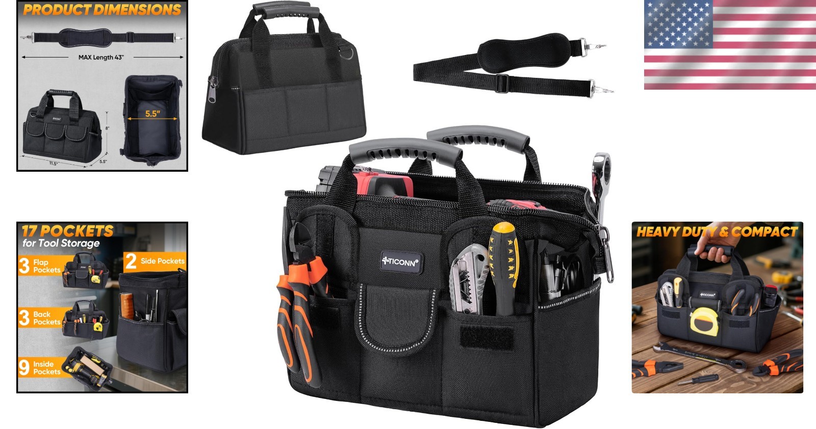 Rugged 12″ Tool Bag with Wide Opening and 8 Pockets – Ideal for Professionals