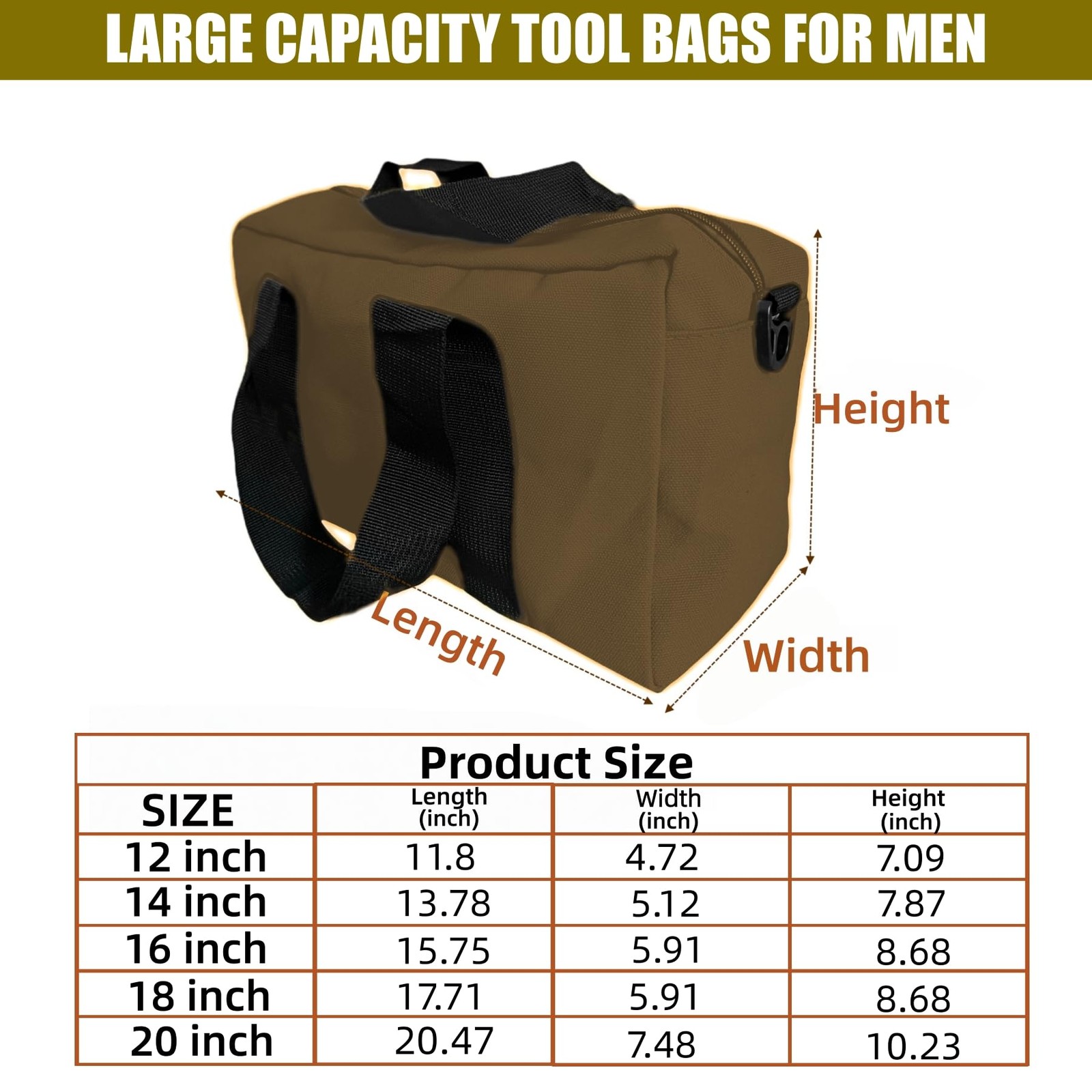 BLIRITEL 20 Inch Dark Khaki Wide Mouth Tool Bag