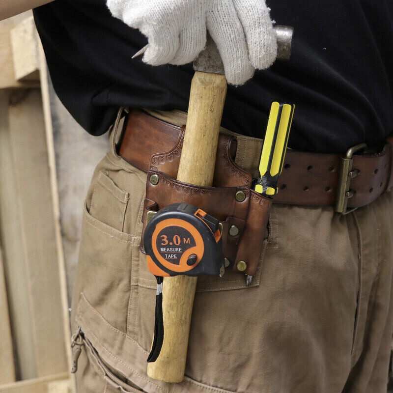 TOURBON Leather 3-in-1 Pocket Tool Belt Pouch Hammer Sheath Tape Measure Holder