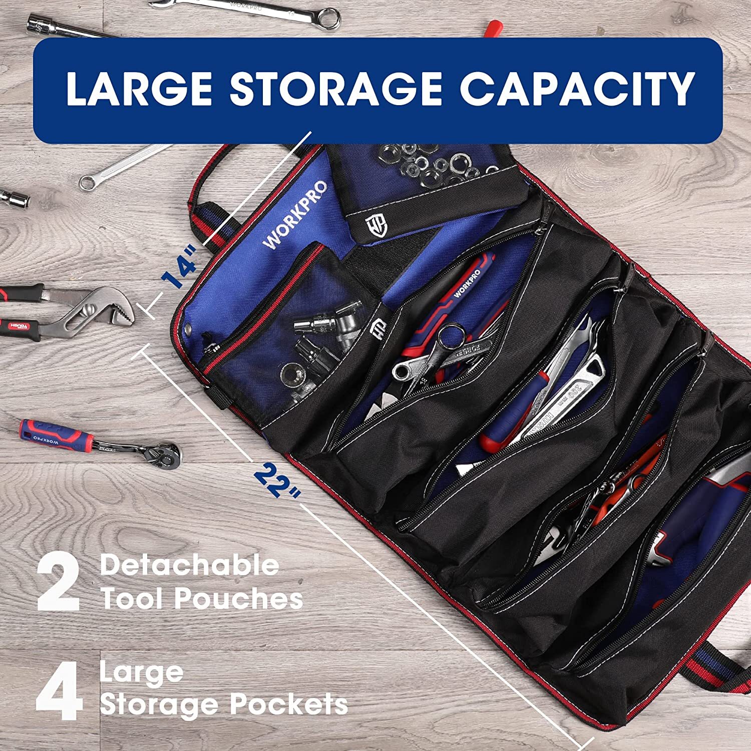 WORKPRO Roll Up Tool Bag Heavy Duty Tool Pouches Tool Bag Organizer W/ 6-Pockets