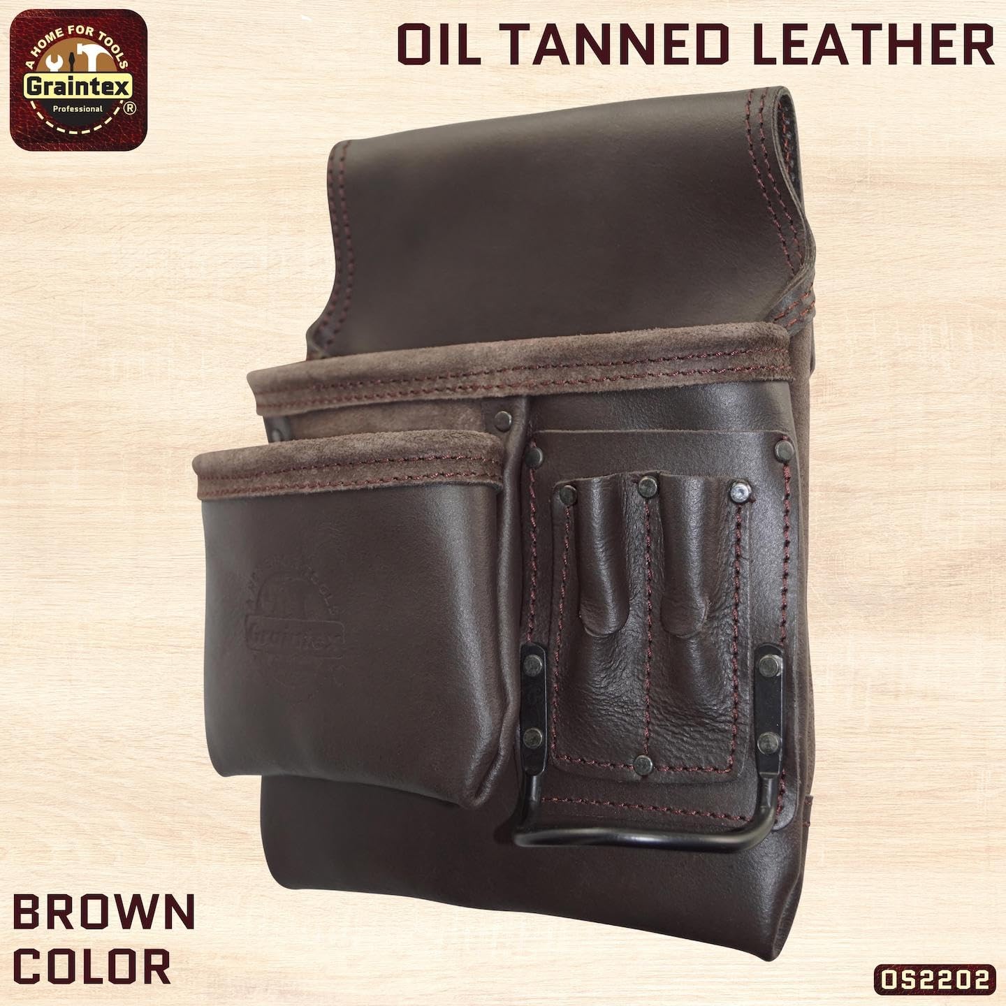 Graintex OS2202 5 Pocket Left Handed Oil Tanned Leather Nail & Tool Pouch Dark B