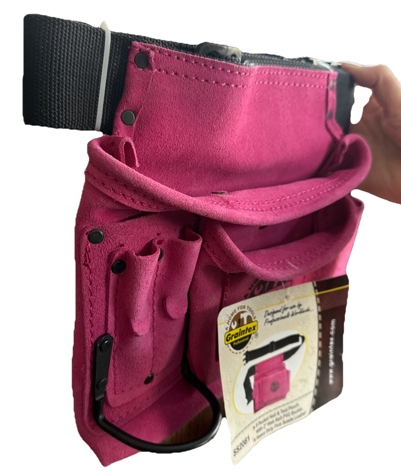 GRAINTEX 5 Pocket Nail & Tool Pouch Heavy Duty Pink Suede Leather With Belt