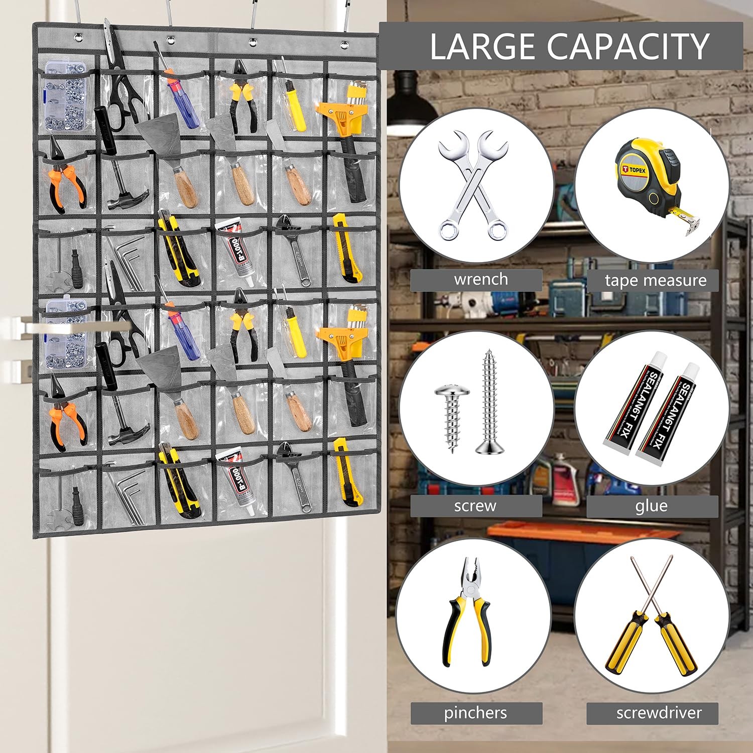 Over Door Hanging Tool Storage Bag Wall Mounted Screw Organizer Garage Access…