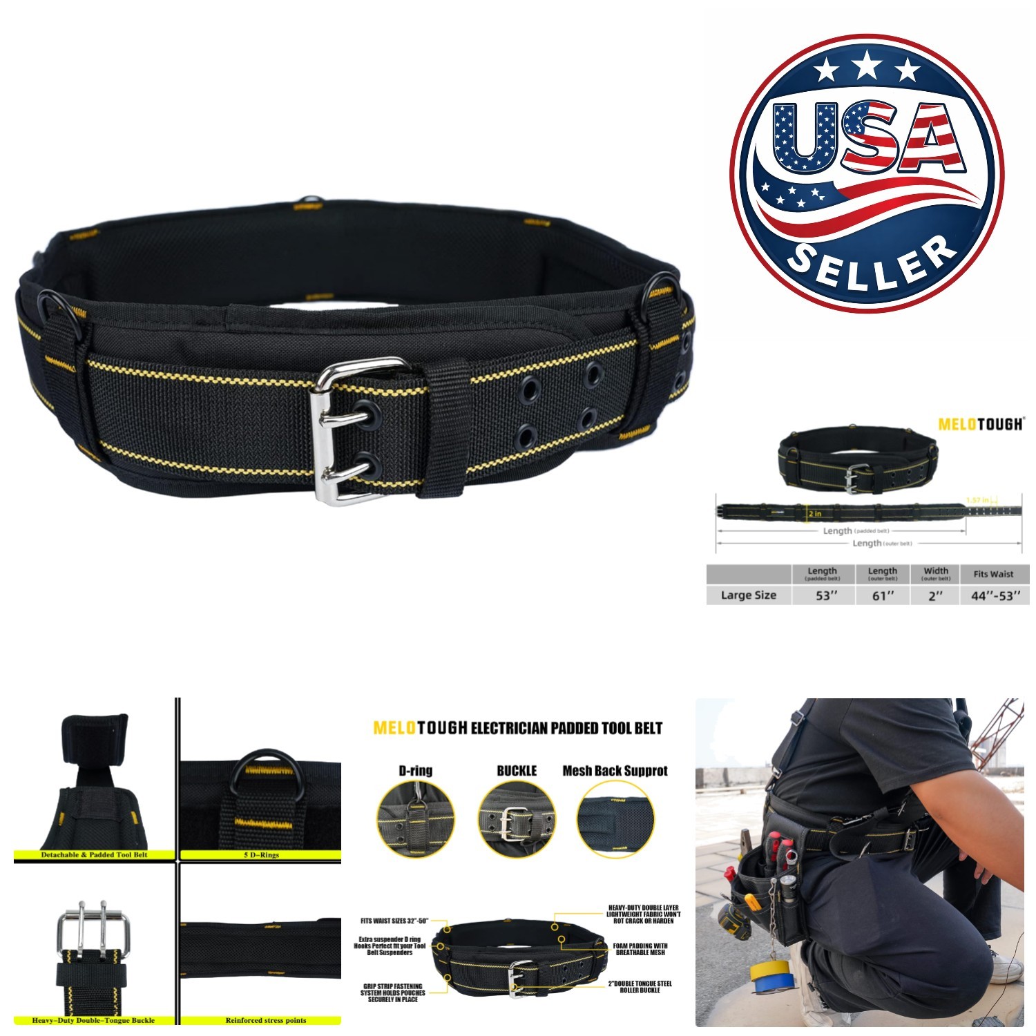 600D Padded Tool Belt for Tradesmen – Adjustable 44-53″ Waist & High Visibility