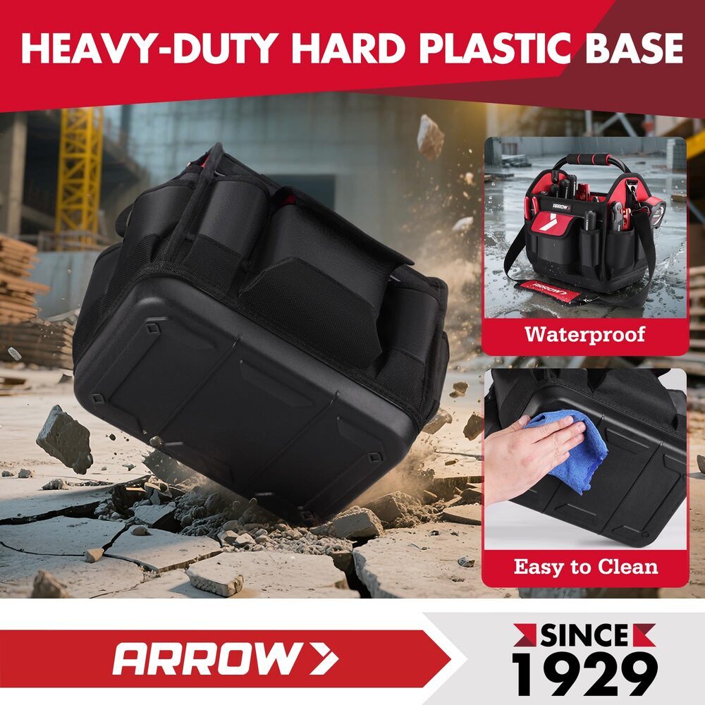 ARROW 12″ Tool Tote w/19 Pocket Hard Base Electrician Tool Bag Open Top Tool Bag