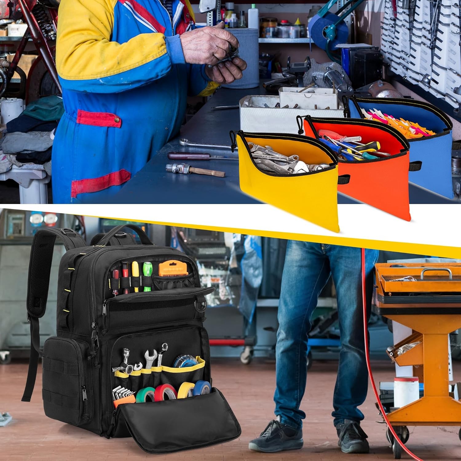Heavy-Duty Tool Storage Organizer Bag with Padded Shoulder & Waist Support