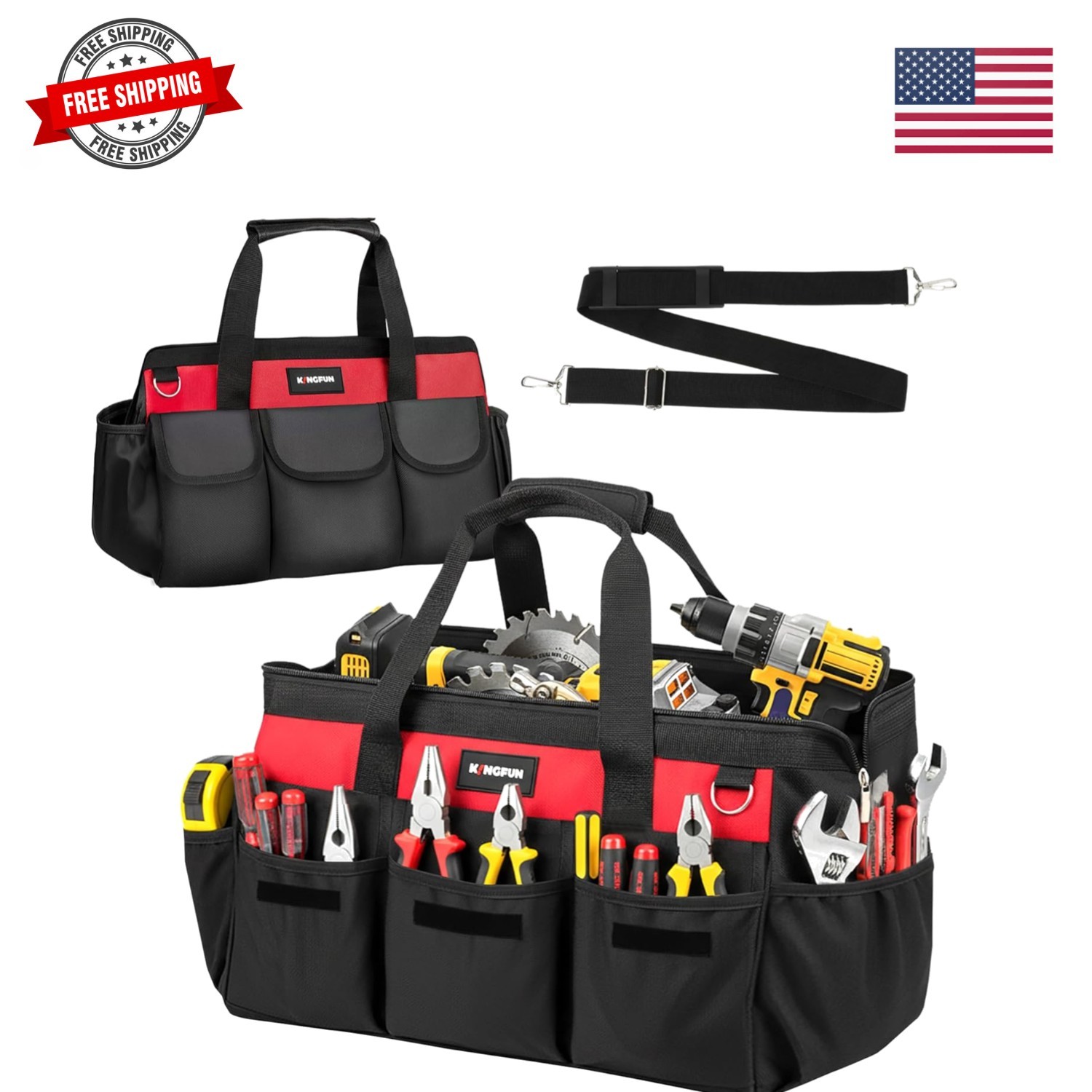 16 Inch Heavy Duty Tool Bag with 14 Pockets, Wide Mouth Tool Bag Organizer wi…
