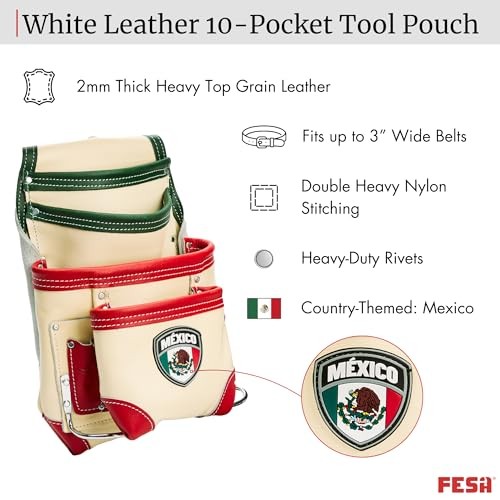 Leather Carpenter Tool Pouch – 10-Pocket Heavy Top Grain White – Mexico