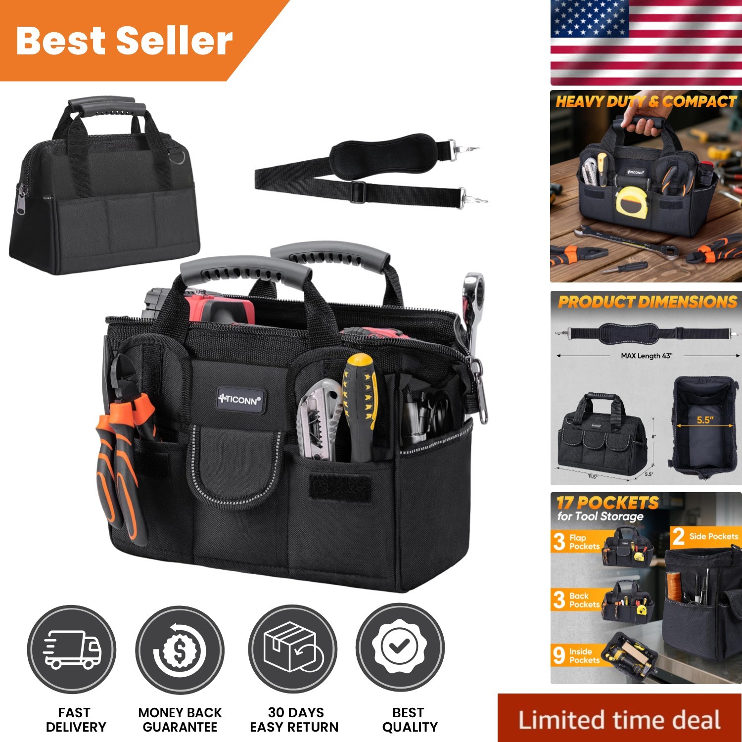 Rugged 12″ Tool Bag with Wide Opening and 8 Pockets – Ideal for Professionals