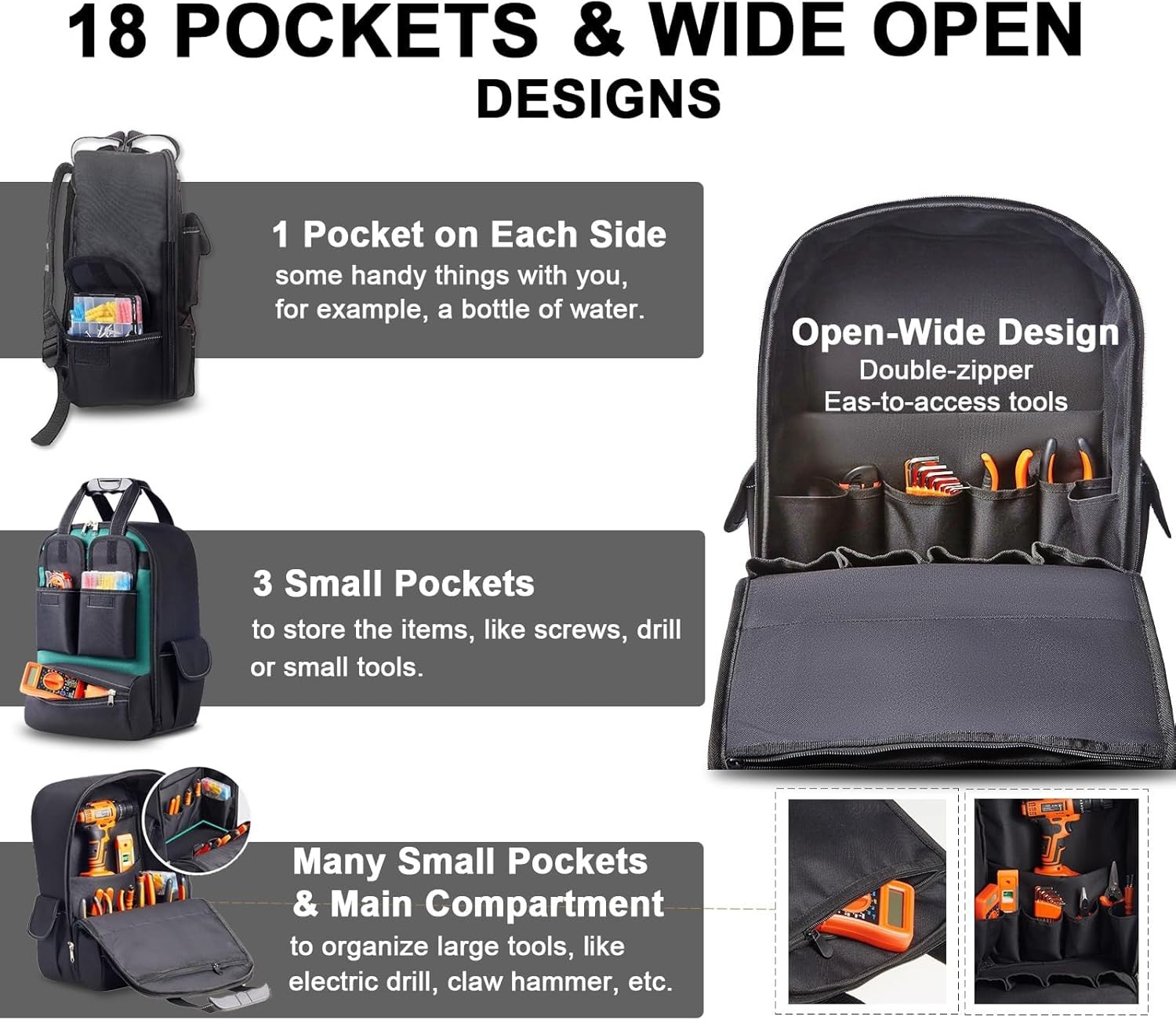 Tool Backpack for Men 18 Inch Heavy Duty Waterproof Multiple Pockets Tool Bag Or