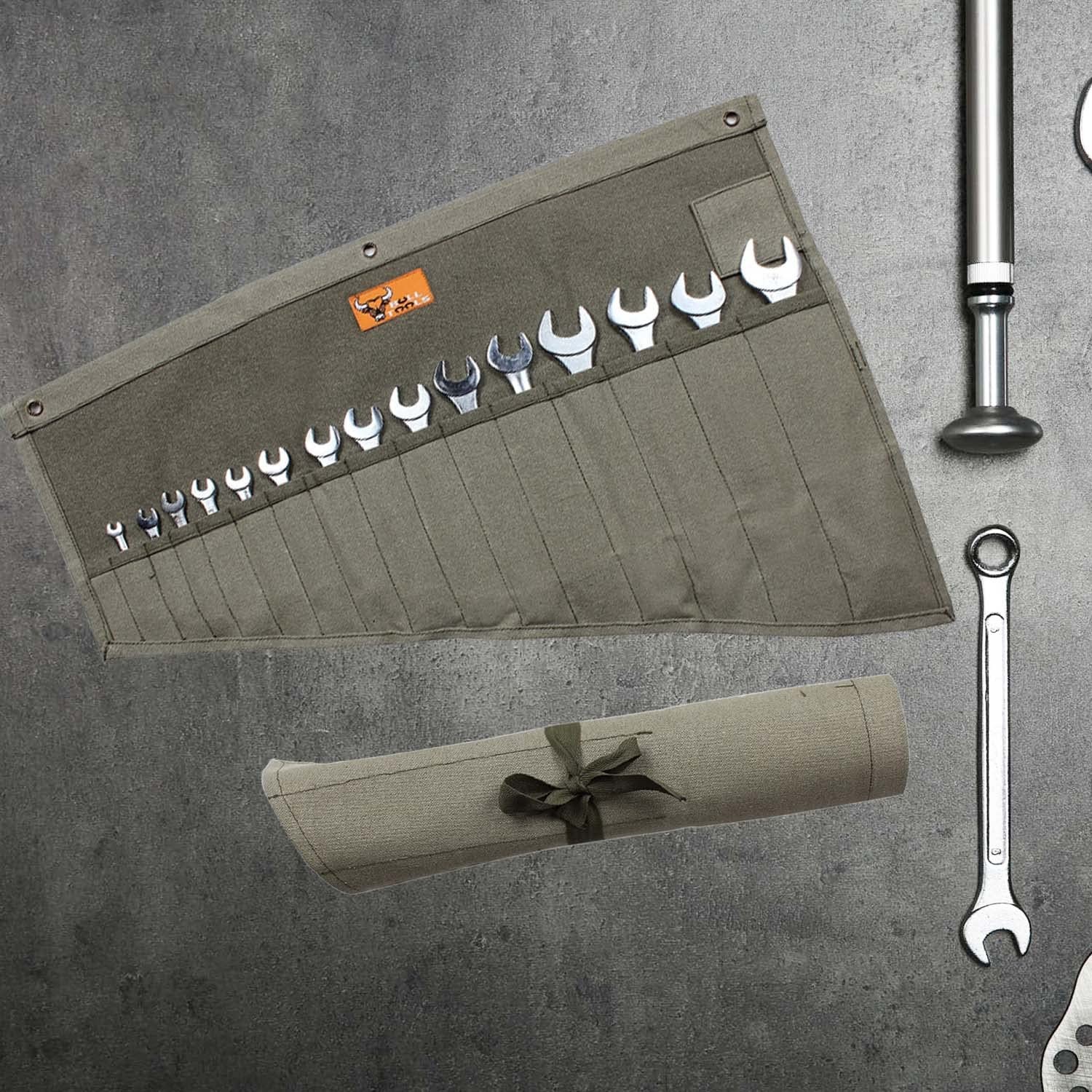 BULL TOOLS Portable Wrench Organizer Roll Large (16 – PKT), Washed Olive Drab