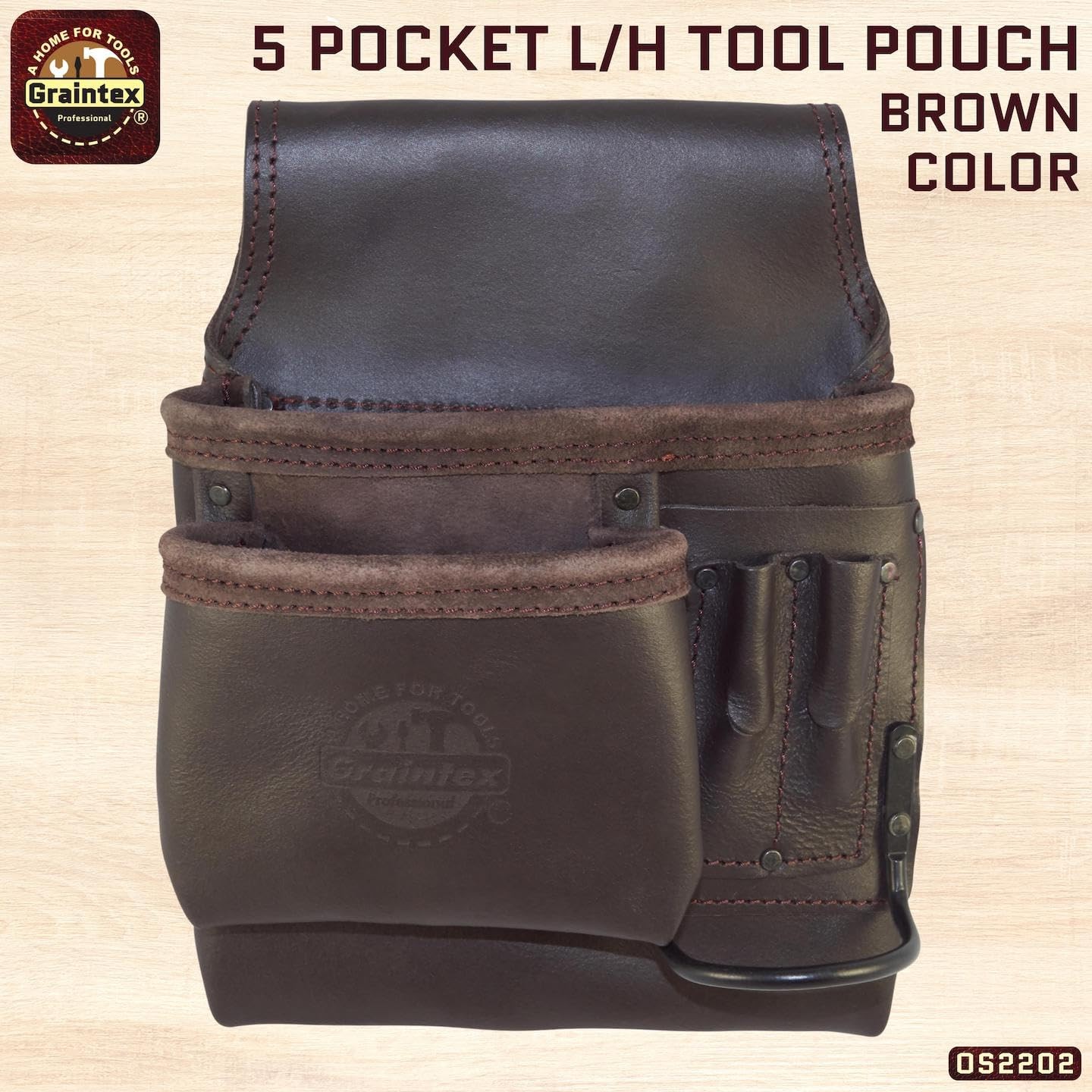 Graintex OS2202 5 Pocket Left Handed Oil Tanned Leather Nail & Tool Pouch Dark B